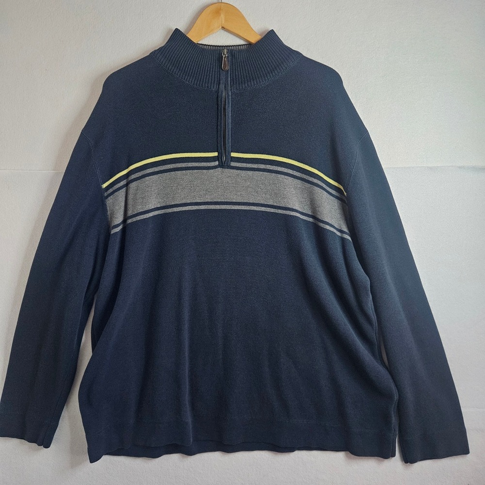 Reunion Mens XXL Navy Blue Quarter Zip Striped Cotton Blend Sweater RT93000